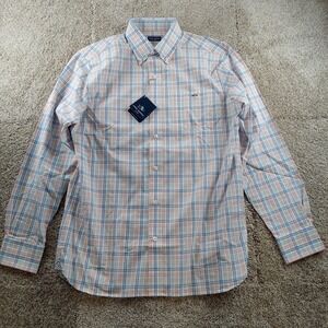 Fish Hippie‎ Shirt Mens Medium White Blue Orange Grid Stripe Tailored Fit